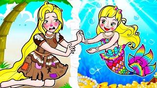 [paper dolls] Poor Rapunzel Become Mermaid and Lost Mother | Rapunzel Family