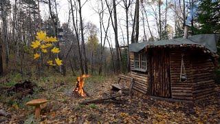 A man spends the night in a forest hut. Cooking cheeseburgers over a campfire