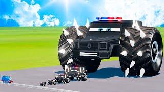 Big & Small Red Vizor Police Spiked Thorns Monster Truck McQueen vs Thomas the Train BeamNG.drive