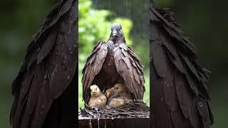 Mother Pigeon Sheltering Her Chicks from the Rain #mother #birds #pigeon