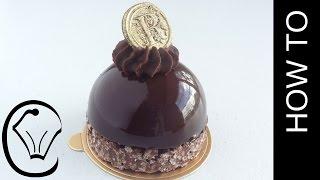 Shiny Mirror Glaze Mousse Dome with Crispy Chocolate Base and Ganache Topping