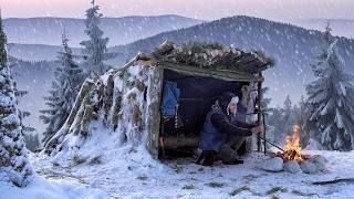 OVERNIGHT in Cozy Bushcraft Shelter amid Heavy Snowfall. Survival Camping in the Snow