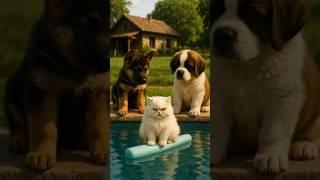 Cat's Floating Adventure: German Shepherd & Saint Bernard Dogs React! 