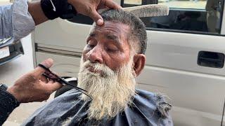 Homeless to Old Man’s; Incredible Beard Trim with Scissors | ASMR