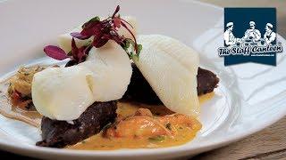 Steamed Greenland halibut with black pudding mash and rich snow crab bisque recipe