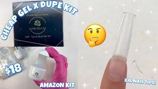 TRYING A $18 AMAZON GEL X DUPE KIT | XXL NAIL TIPS | AFFORDABLE NAILS AT HOME | BLUE SPRING NAILS