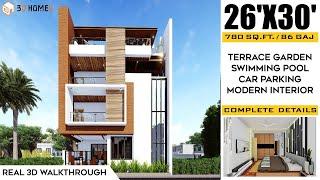 26 x 30 House Plans | 87 Gaj | 7x9 Meter | Modern House Design | 3bhk | Parking | Pool | Garden