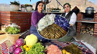 Cooking dolma with grape leaves, colored cabbage, and taftun bread for iftar