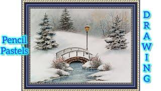 Snowy landscape illustration of bridge by pencil and pastel colour.