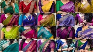 Simple Silk Saree Contrast Blouse Designs |Beautiful Silk Sarees With Contrast Blouse Ideas️|