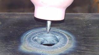 Amazing process of drilling a hole in a thick steel plate by TIG welding arc