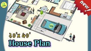 30'× 40' house plan with car parking, 2-bhk, 30' by 40' house design, 30*40 #houseplan #housemap