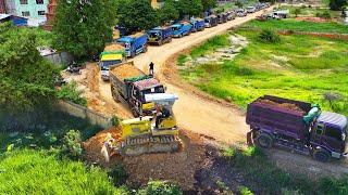 Good Full Video, New Road construction, Bulldozer KOMATSU Push Soil & Stone Into Water, Dump Truck