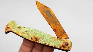 Antique Rusty Trench Pocket Knife Restoration. Golden scales