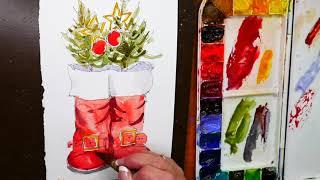 Santa's Boots Quick Sketch Watercolors by Cindy Briggs