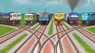 6 TRAINS RUN AT BUMPY FORKED RAILROAD TRACKS CROSSING | Indian Railway Train Simulator