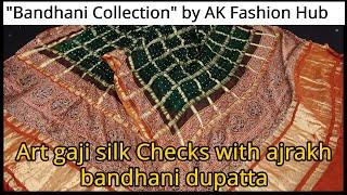 Bandhani Dupatta set-83 | Art gaji silk Checks with ajrakh bandhani dupatta