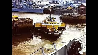 DEVONPORT DOCKYARD. AIRCRAFT CARRIER & PADDLE TUG in No4 basin. 1960s?