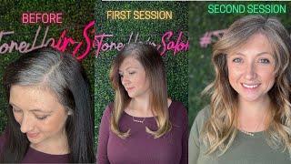 Dark Brown to Grey hair Transformation [Two session] - Blending Grey Hair