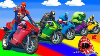 SPIDER MAN Takes on Spiral Bridge Stunt Ride on Motorcycleبطال الخارقين على القضبان دوامة قمع جس