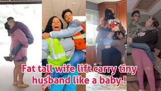 Fat tall wife lift and carry tiny short husband like a baby | Tall fat woman lift and carry guy