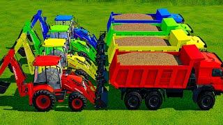 TRUCKS with Colors - WOODCHIPS LOAD WORK with CAT Backhoe Loaders - Farming Simulator 22