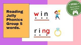 Jolly Phonics group 5 (z, w, ng, v, oo/oo)| Dot reading| Blending| Game included|No Music