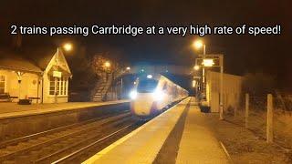 2 trains passing Carrbridge at a very high rate of speed!