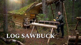 I Built PERFECT Bushcraft SAWBUCK (SAWHORSE) from LOG & Resin TORCH near my FOREST HUT