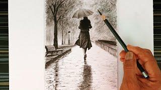 Pencil drawing of a girl with an umbrella after the rain.