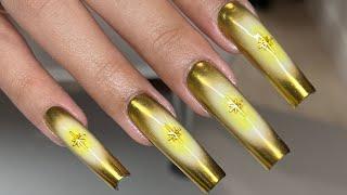 Gold Chrome Nails | Aura Airbrush Nails | Star Charms | Gel-X Nails | Tapered Square Gel-X