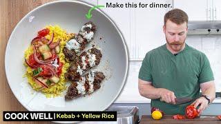 Weeknight Beef Kebabs, Yellow rice + Salad plate.