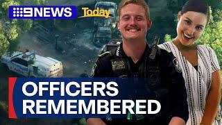 Families remember fallen police on Wieambilla shootings anniversary | 9 News Australia