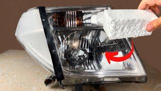 Brilliant method! Clean your darkened headlights with FOAM!