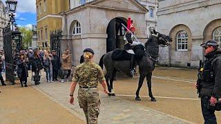 TOURISTS RUN FOR SAFETY WHEN THE HORSE HAS HAD ENOUGH AND LEAVES THE BOX at Horse Guards!