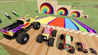 Big & Small Monster Trucks Jumping Through Giant Portal & Stairs Color Racing Jumps and Crashes