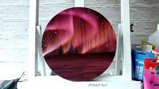 Pink aurora / northern lights | Easy oil painting for beginners | Black canvas painting tutorial