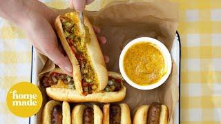 Sizzle these Homemade Hot Dogs with Quick Pickle Relish Tonight!