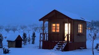 Winter Camp in Wooden House / Snowfall, Heavy Rain and Wind / 4K Relaxing Camping video