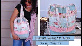 Drawstring tote bag with pockets sewing tutorial - Quilted Style