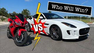 CLOSE RACE! Jaguar F-TYPE R vs. Honda CBR600RR | SportbikePOV