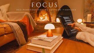 3-Hour Study With Me by the Fireplace  | Fireplace Ambience, Pomodoro Timer 25-5 & Relaxing Breaks