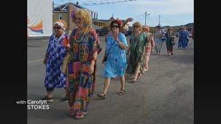 Twillingate was a bit brighter with these Mrs. Roper wannabes for a pub crawl, complete with muumuus