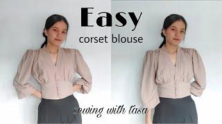 Cara menjahit atasan wanita korset lengan balon || how to sew bustier corset blouse . (EASY)