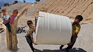 Father and children help each other to carry things home