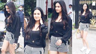 Sonal Chauhan Looks Gorgeous In Striped Shorts And Black Top