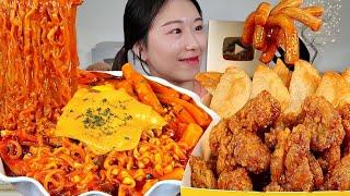 ASMR 매콤한 불닭로제떡볶이 라면 쫄면사리 넣고 치킨 튀김만두 리얼먹방 :) Spicy rose tteokbokki , chicken MUKBANG