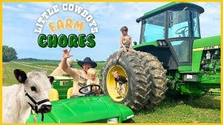 Little Cowboys Farm Chores with Lil Tex & Dolly! MINI COWS/DONKEY/BARNYARD/KIDS POWERWHEELS/TRACTOR