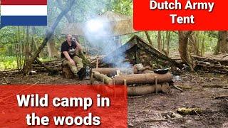 Solo overnighter Wild Camping At The Woods In a surplus Dutch Army Tent Firepit cooking bushcraft