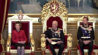 King Harald V of Norway reads the throne speech at state opening of parliament 2024